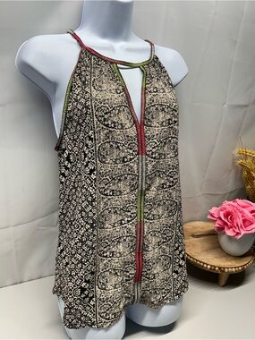 Lucky Brand Black & Cream Paisley Halter Tank with Neon Trim